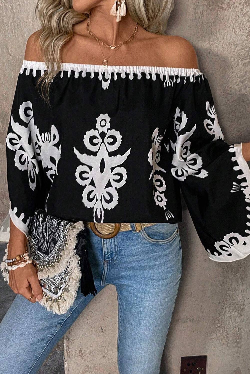 Boho Abstract Off Shoulder Blouse