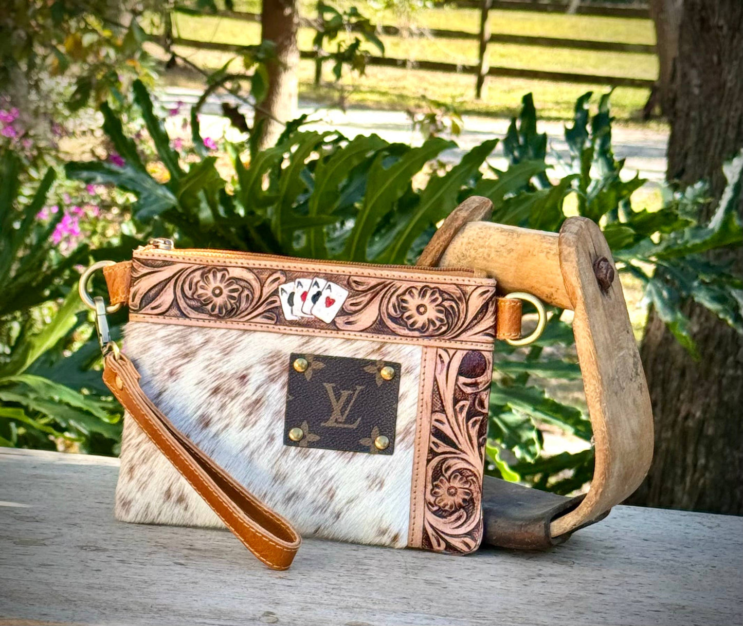 Upcycled LV Cowhide Leather Wristlet Crossbody Bag Western 