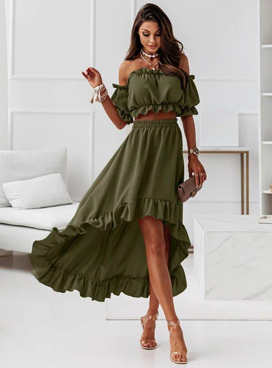 RUFFLED SKIRT IRREGULAR SHORT SLEEVE TWO-PIECE SET - 7 Semicolon Couture