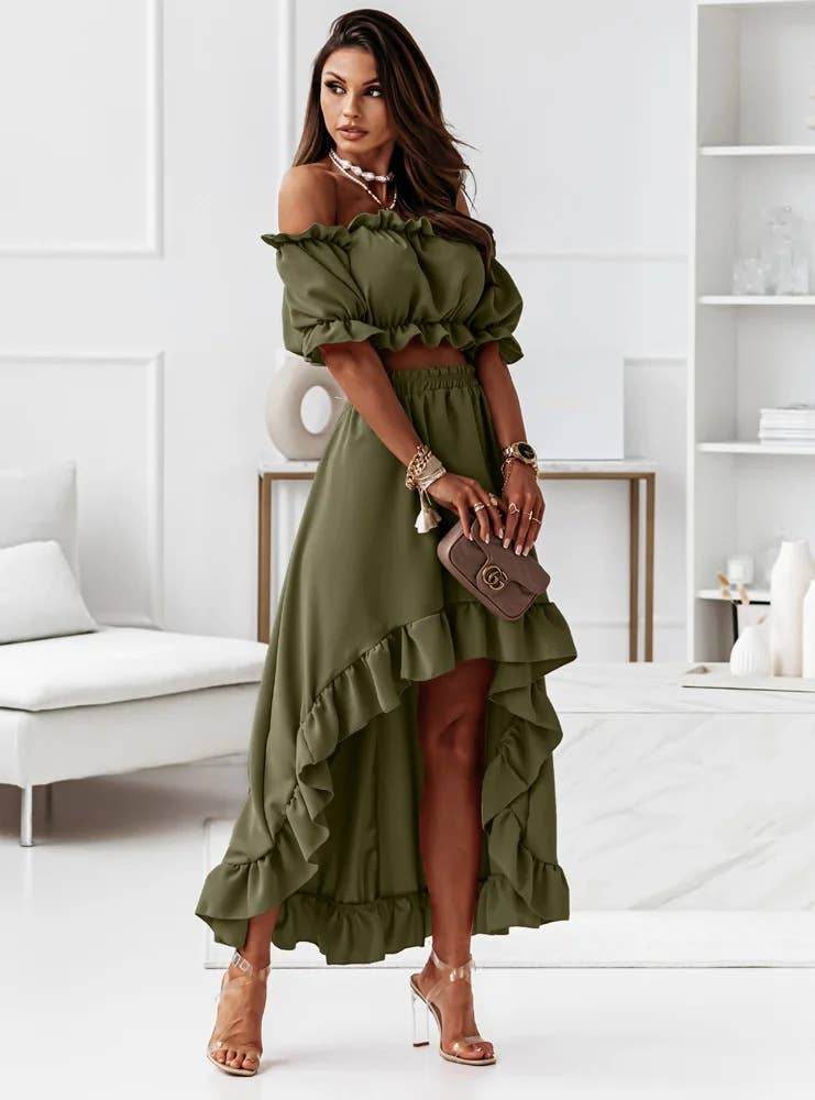 RUFFLED SKIRT IRREGULAR SHORT SLEEVE TWO-PIECE SET - 7 Semicolon Couture