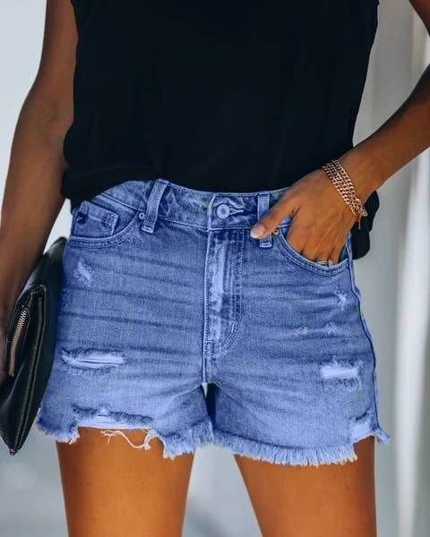 High-Waisted Ripped Stretch Denim Shorts for Summer - 7 Semicolon Couture