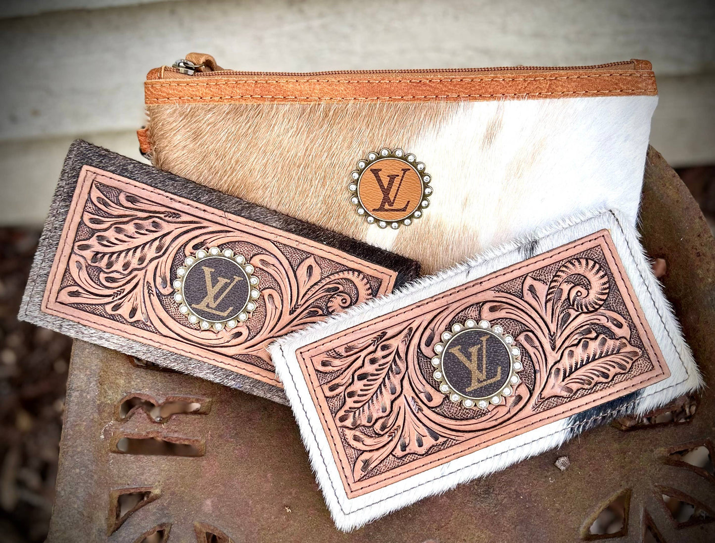 Upcycled LV Tooled Leather Cowhide Wallet Card Holder Boho