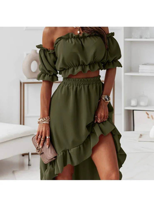 RUFFLED SKIRT IRREGULAR SHORT SLEEVE TWO-PIECE SET - 7 Semicolon Couture