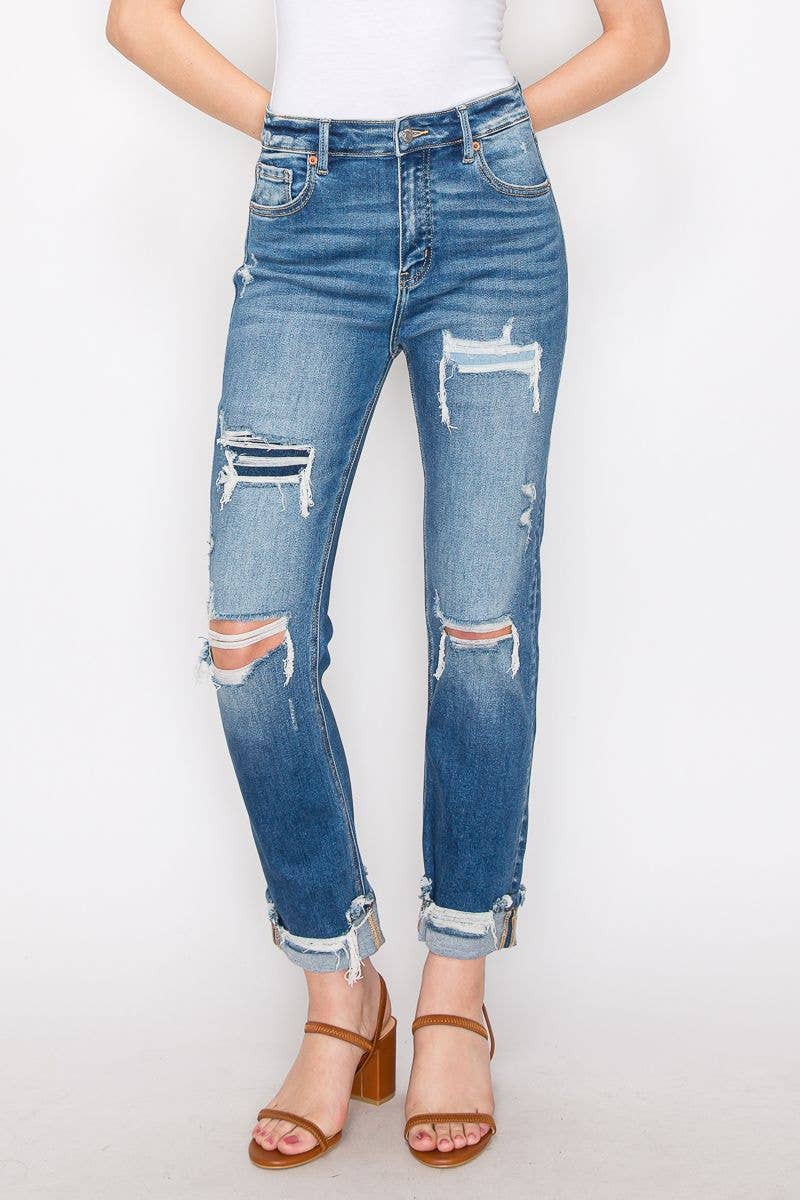 MESH TUMMY CONTROL HIGH RISE STRAIGHT W/ SINGLE CUFF JEANS