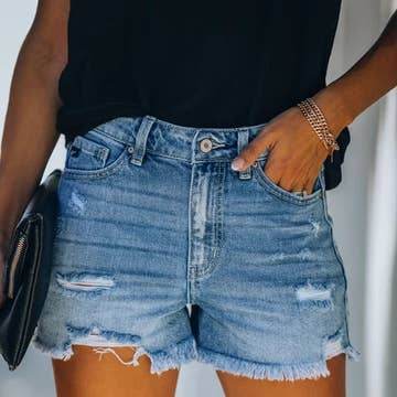 High-Waisted Ripped Stretch Denim Shorts for Summer - 7 Semicolon Couture