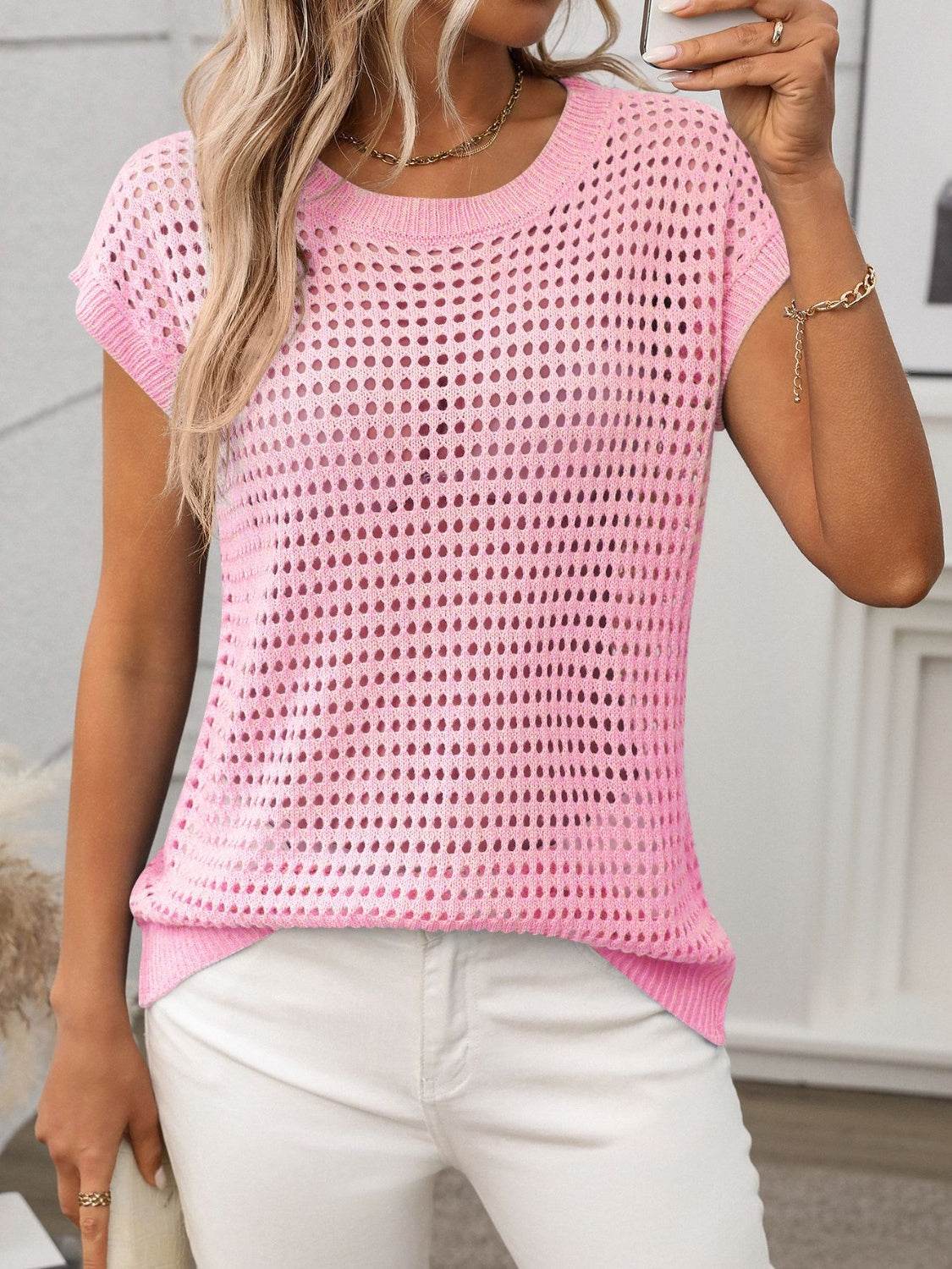 Openwork Round Neck Short Sleeve Knit Cover Up - 7 Semicolon Couture