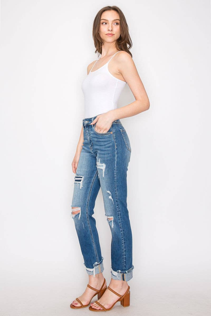 MESH TUMMY CONTROL HIGH RISE STRAIGHT W/ SINGLE CUFF JEANS