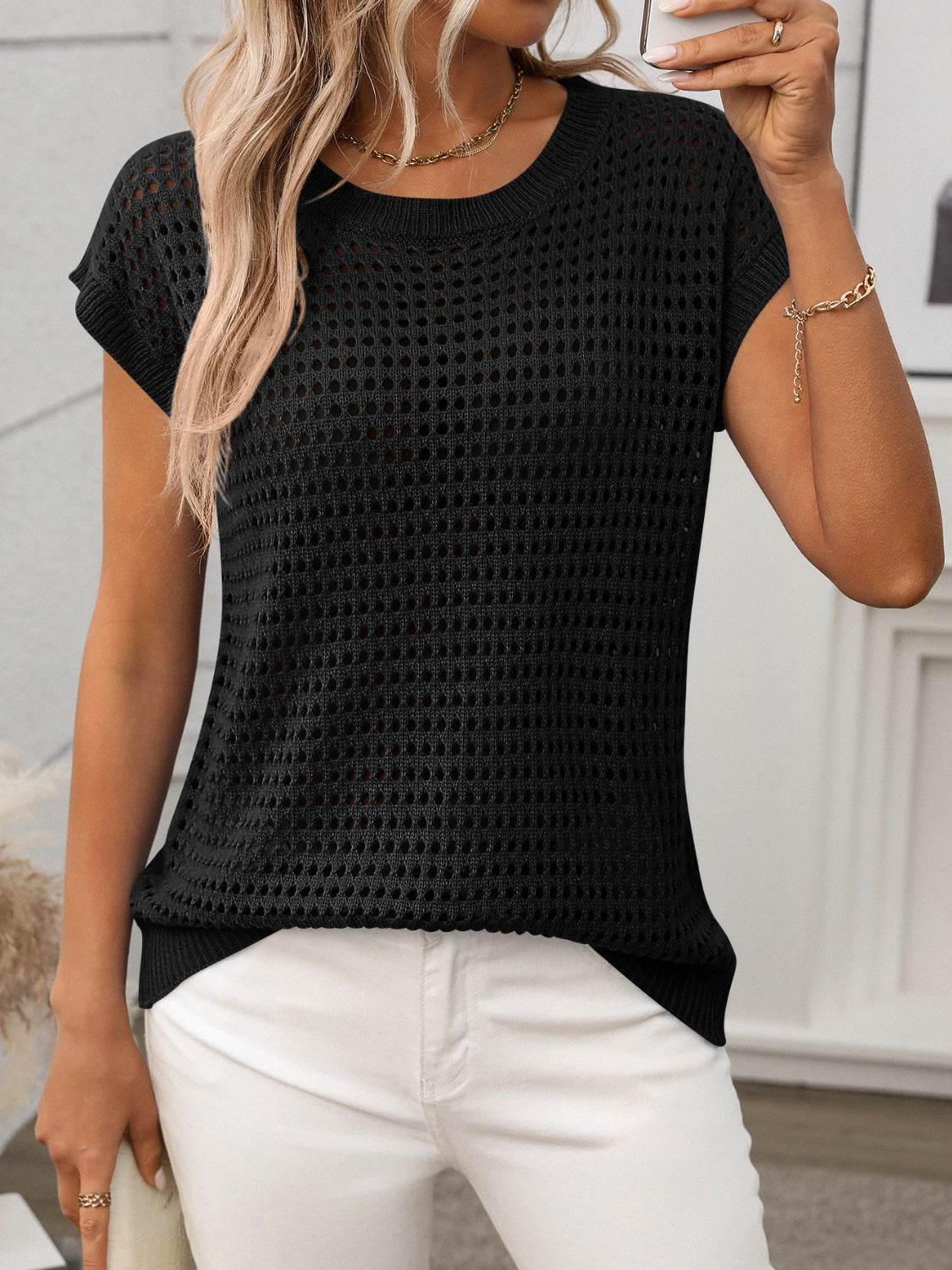 Openwork Round Neck Short Sleeve Knit Cover Up - 7 Semicolon Couture