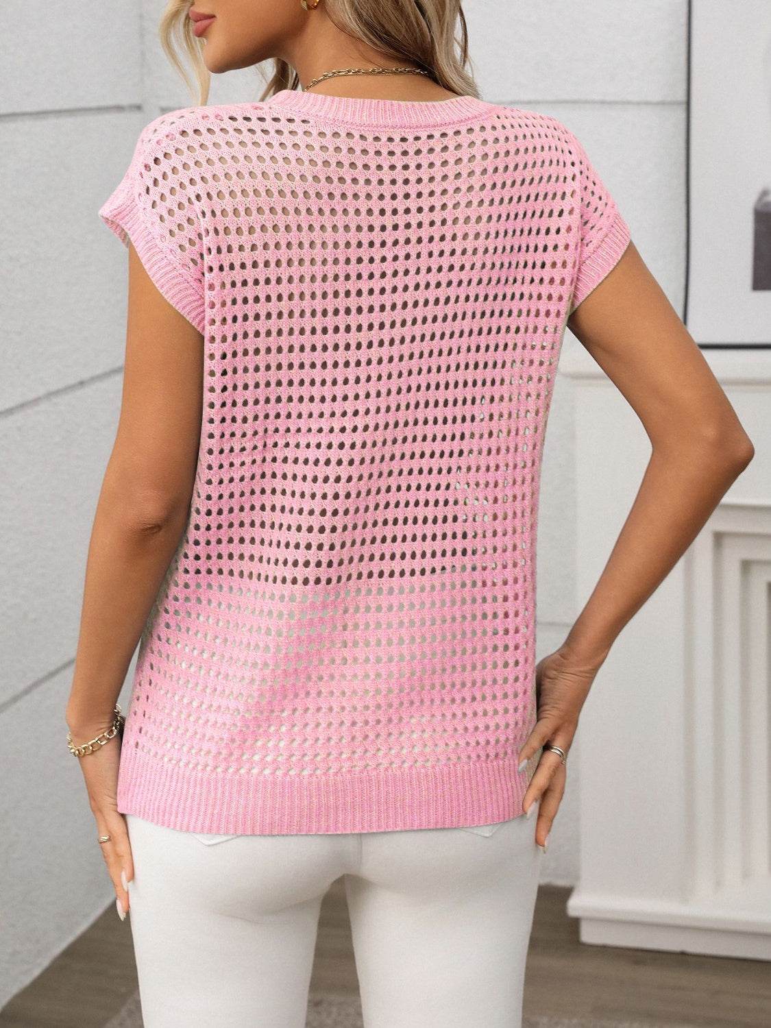 Openwork Round Neck Short Sleeve Knit Cover Up - 7 Semicolon Couture