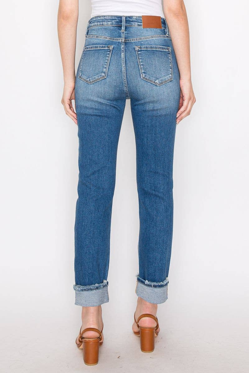 MESH TUMMY CONTROL HIGH RISE STRAIGHT W/ SINGLE CUFF JEANS