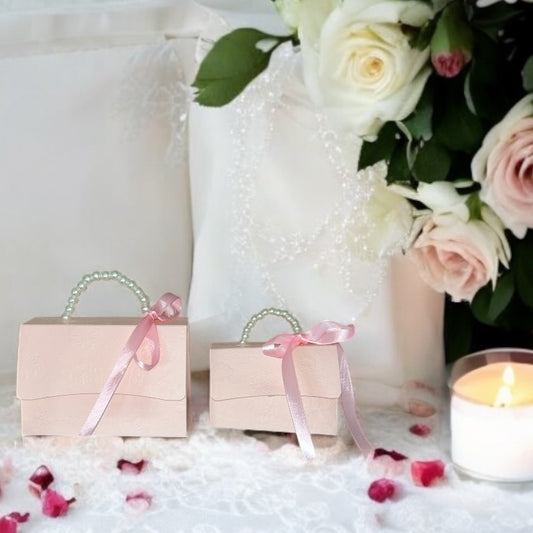 Pink Kraft Paper Gift Box with Pearl Handle & Ribbon