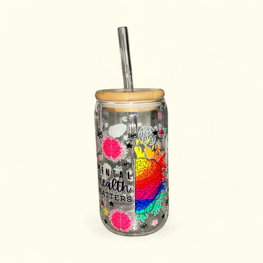 16 oz. Glass Tumbler w/bamboo lid and straw- Mental Health Awareness