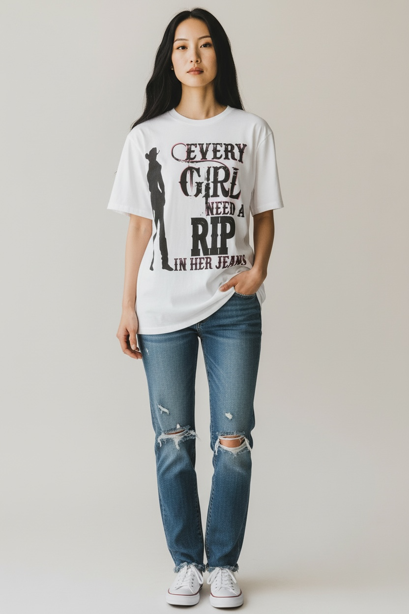 Every Girl Needs a Rip in Her Jeans-White-Graphic Tee