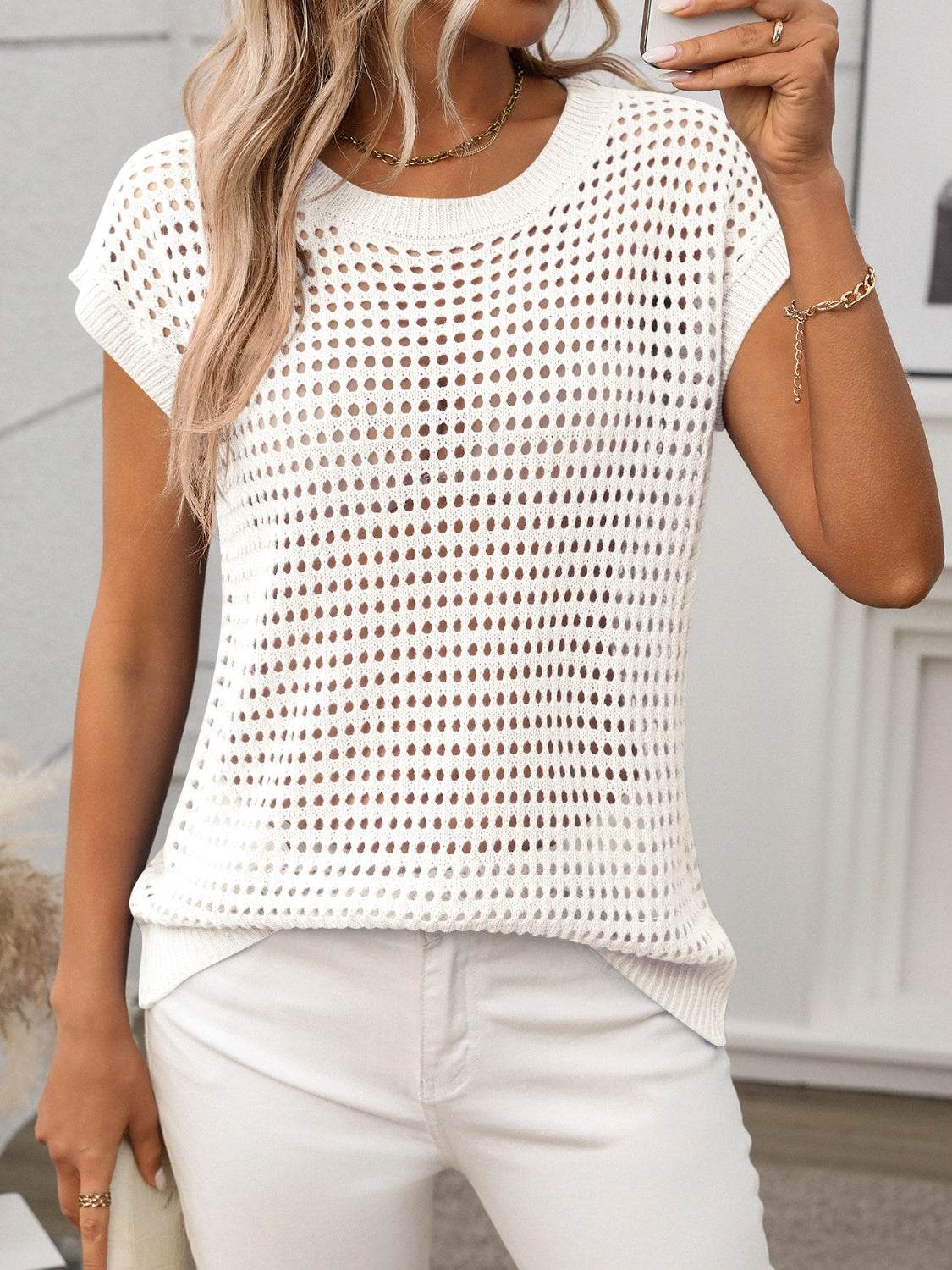 Openwork Round Neck Short Sleeve Knit Cover Up - 7 Semicolon Couture