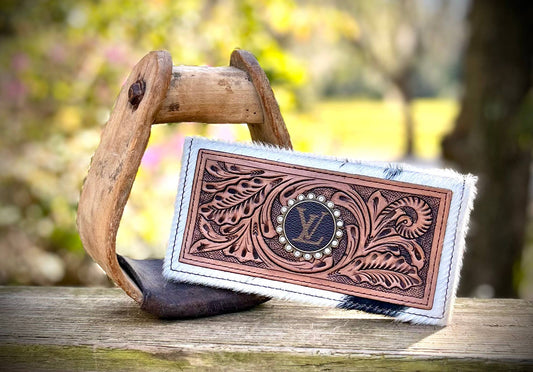 Upcycled LV Tooled Leather Cowhide Wallet Card Holder Boho