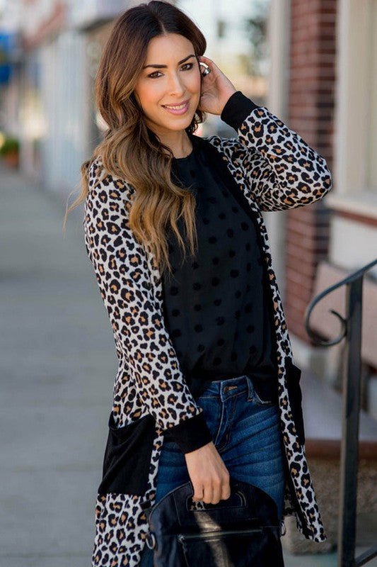 Black Leopard Patched Pocket Open Front Cardigan - 7 Semicolon Couture