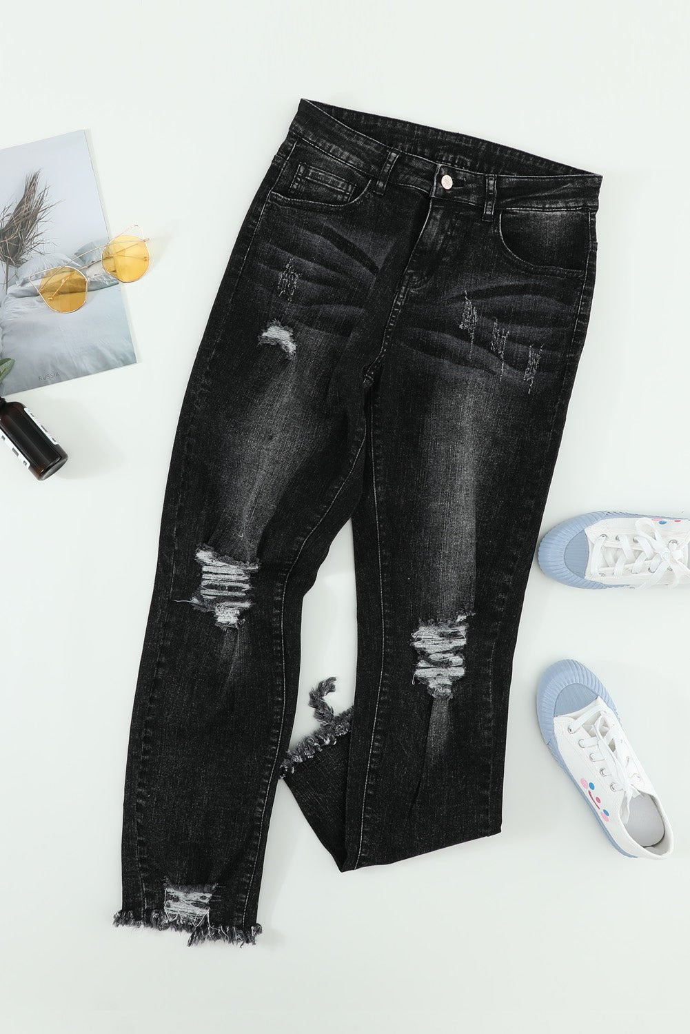 Black Ripped Slim Fit Jeans - 7 Semicolon Couture