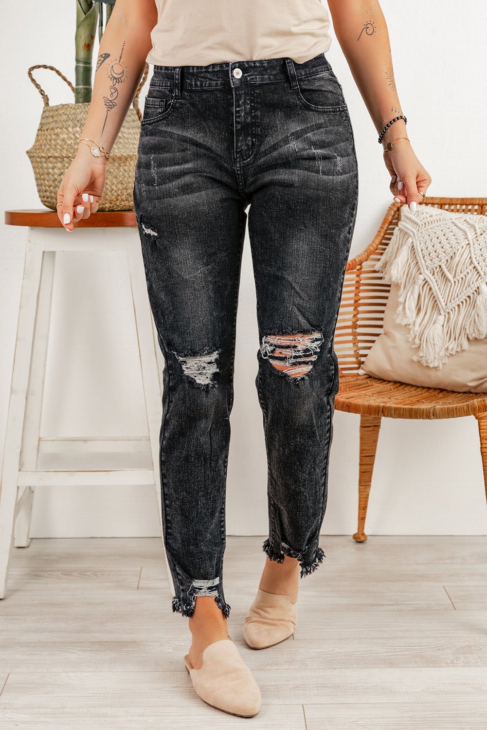 Black Ripped Slim Fit Jeans - 7 Semicolon Couture