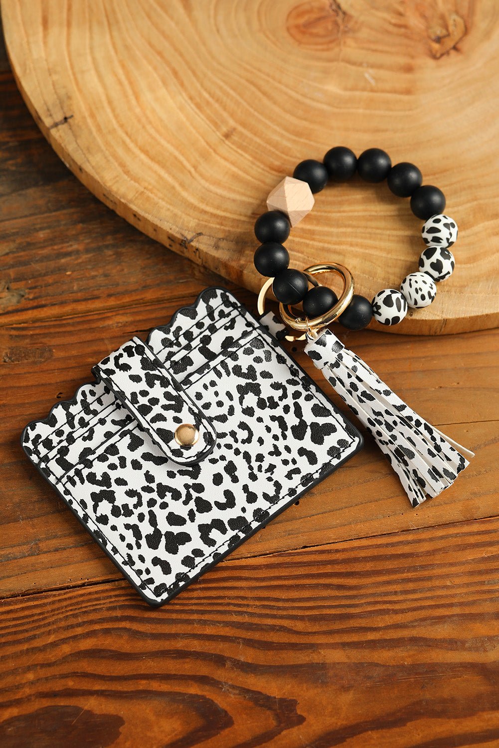 Black Silicone Bead Bracelet Key Buckle Leopard Card Holder - 7 Semicolon Couture