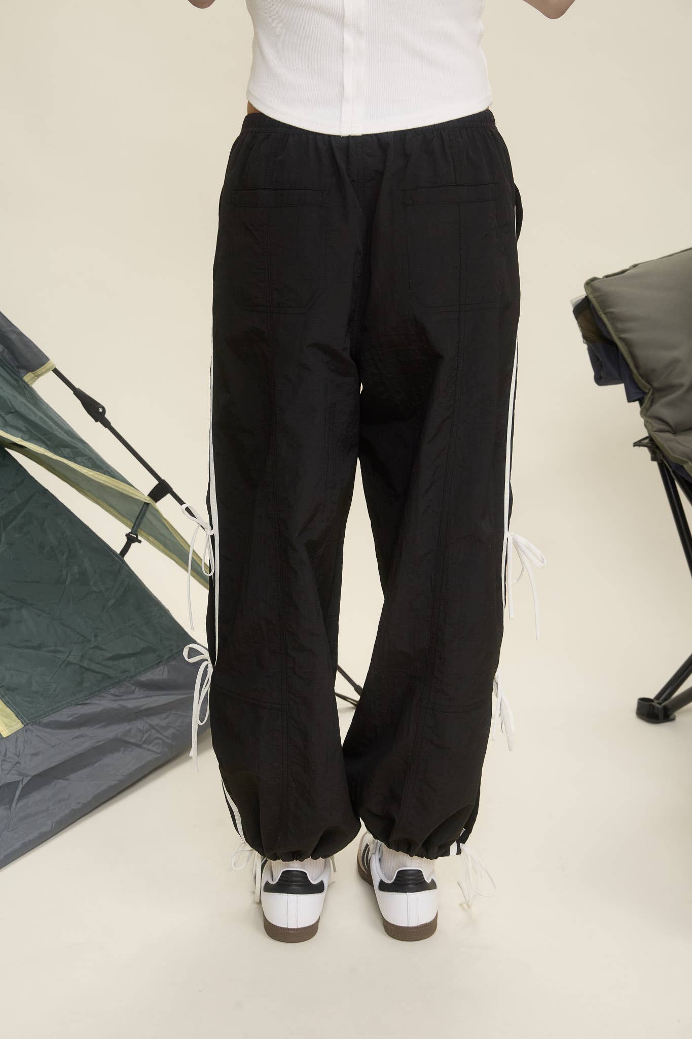 Black Side Stripe Tie Strap Track Jogger Pants