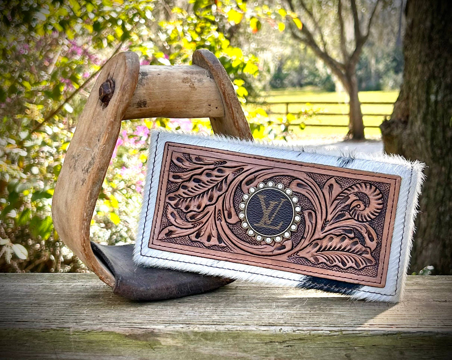 Upcycled LV Tooled Leather Cowhide Wallet Card Holder Boho