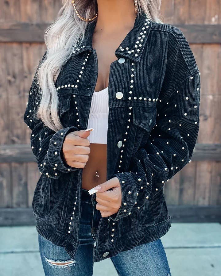 CASUAL FASHION CORDUROY STUDDED JACKET JACKET - 7 Semicolon Couture