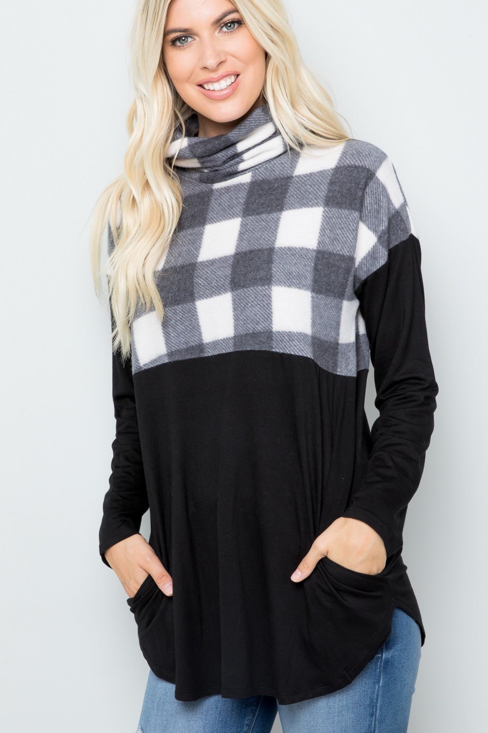 Celeste Full Szie Pocketed Plaid Turtleneck Long Sleeve Blouse - 7 Semicolon Couture