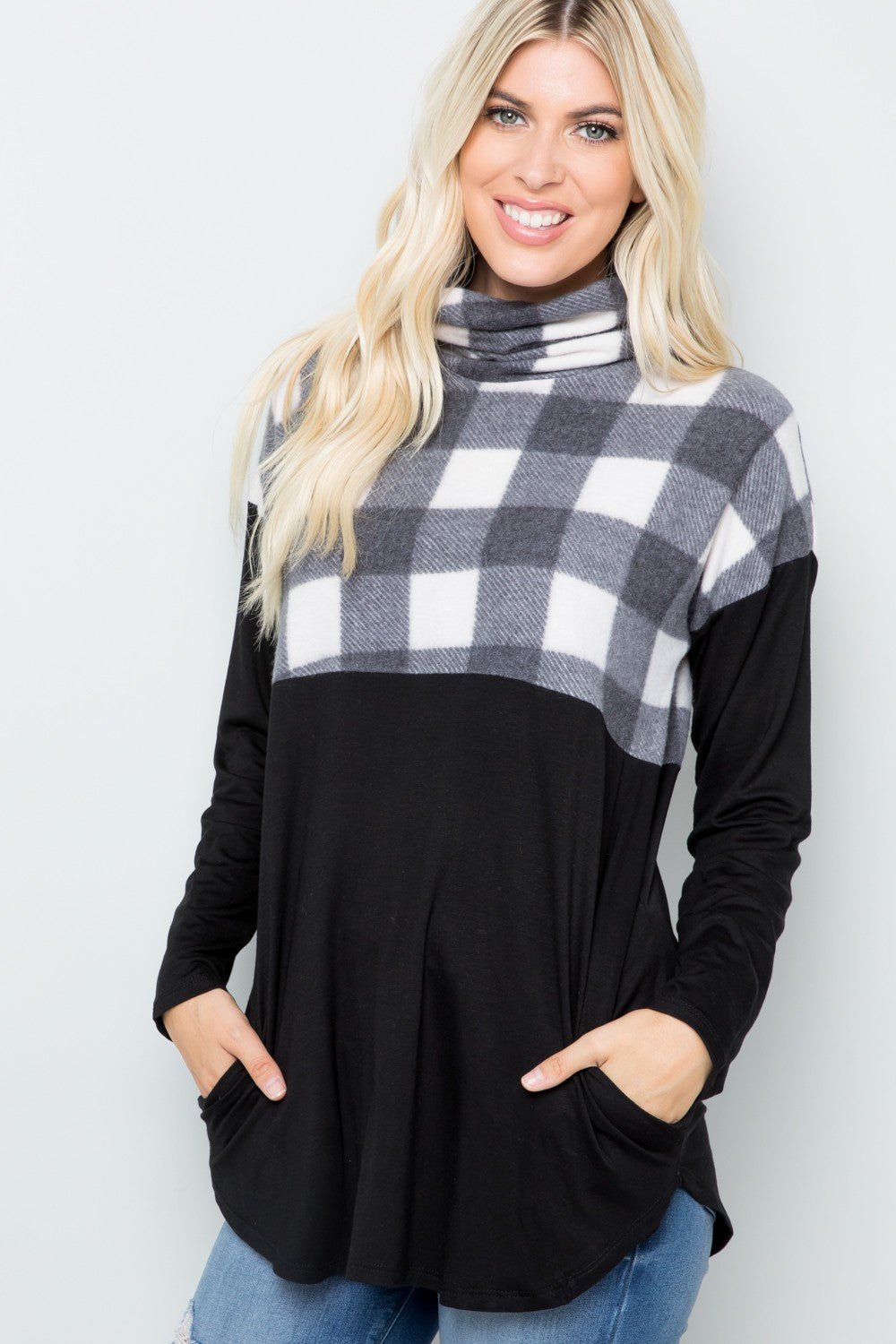 Celeste Full Szie Pocketed Plaid Turtleneck Long Sleeve Blouse - 7 Semicolon Couture