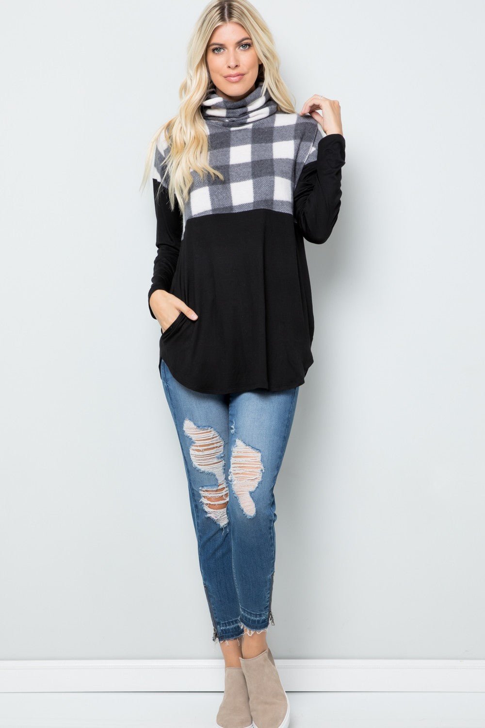 Celeste Full Szie Pocketed Plaid Turtleneck Long Sleeve Blouse - 7 Semicolon Couture