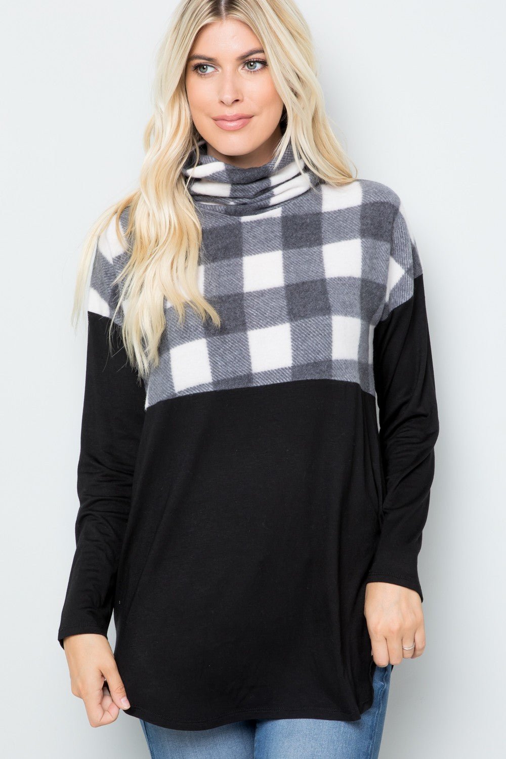 Celeste Full Szie Pocketed Plaid Turtleneck Long Sleeve Blouse - 7 Semicolon Couture