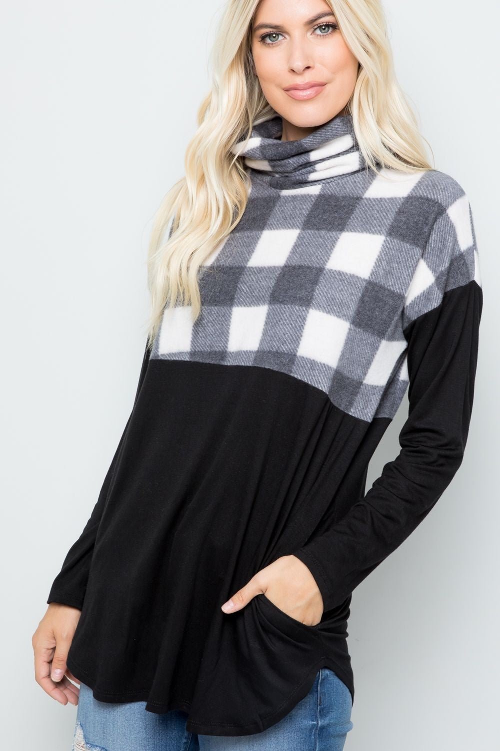 Celeste Full Szie Pocketed Plaid Turtleneck Long Sleeve Blouse - 7 Semicolon Couture