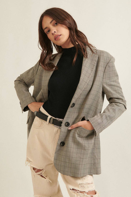 Check - Pattern Oversized Boyfriend Blazer - 7 Semicolon Couture