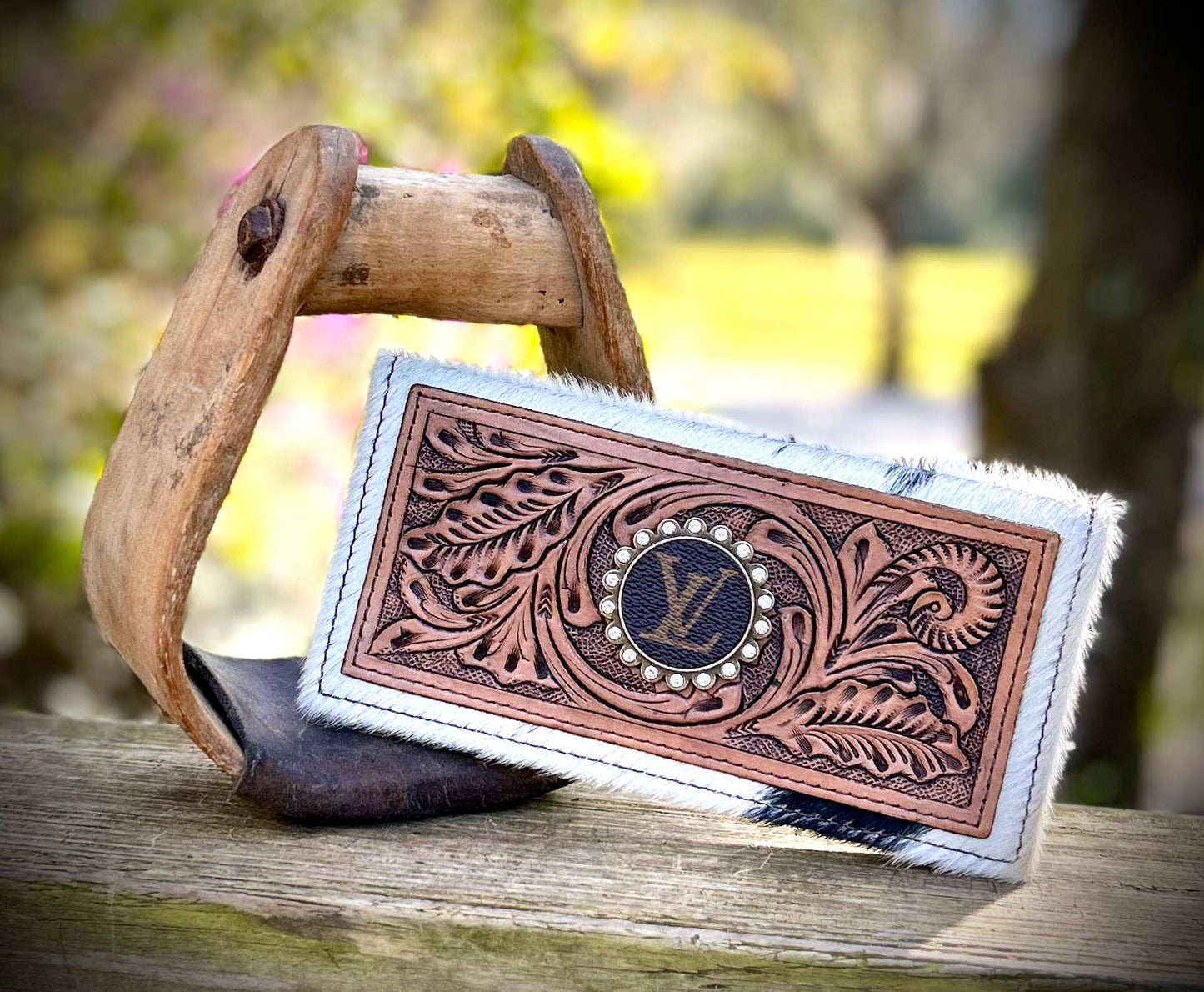 Upcycled LV Tooled Leather Cowhide Wallet Card Holder Boho