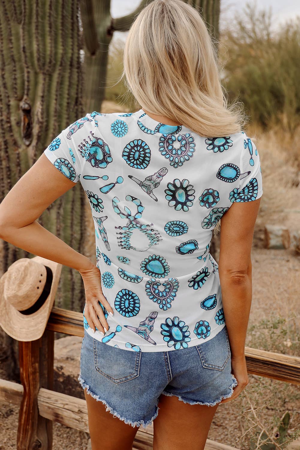 Western Turquoise Printed See-through Summer Tee