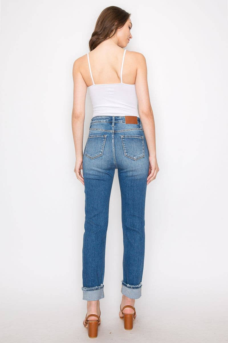 MESH TUMMY CONTROL HIGH RISE STRAIGHT W/ SINGLE CUFF JEANS