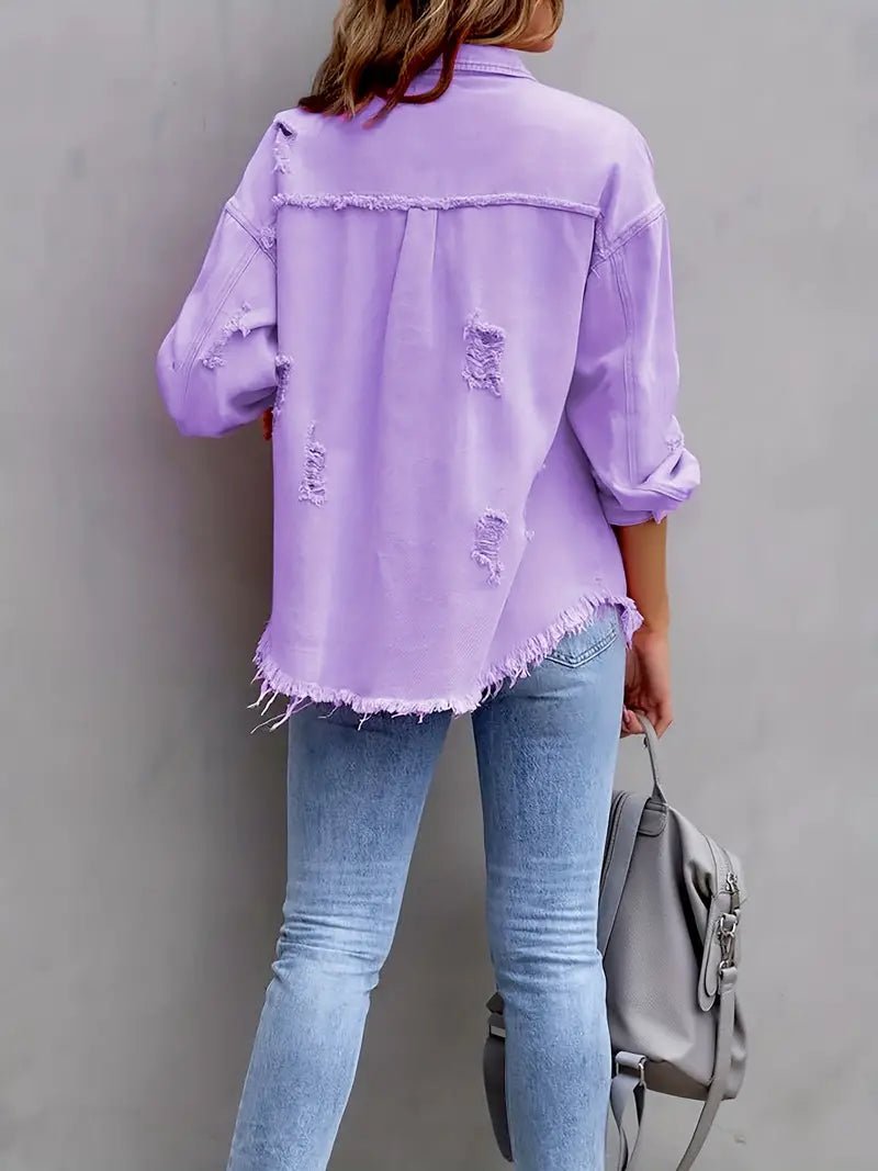 Distressed Colored Denim Shacket - 7 Semicolon Couture