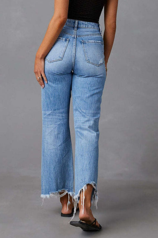 Distressed Raw Hem Jeans with Pockets - 7 Semicolon Couture