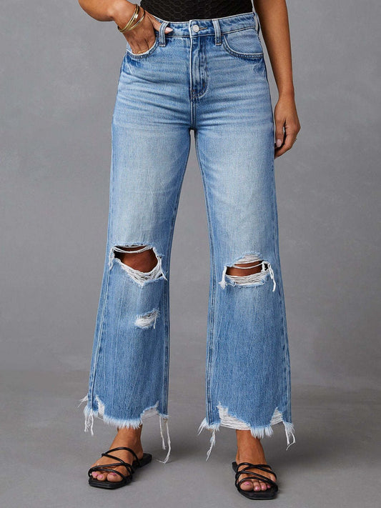 Distressed Raw Hem Jeans with Pockets - 7 Semicolon Couture