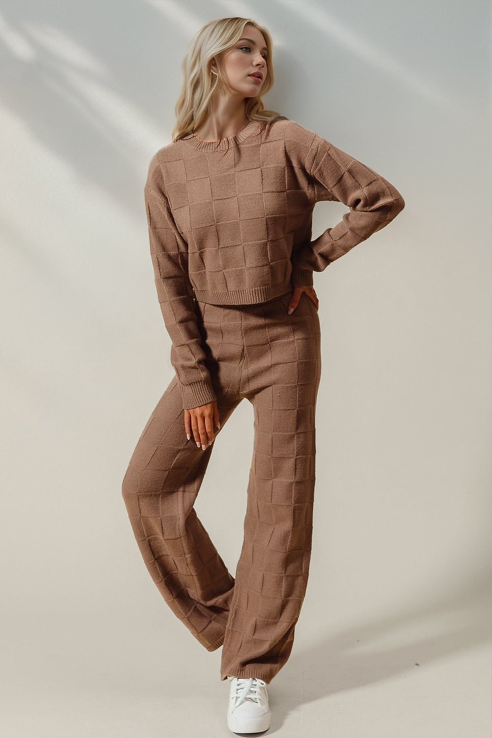 Double Take Full Size Checkered Round Neck Top and Pants Set - 7 Semicolon Couture