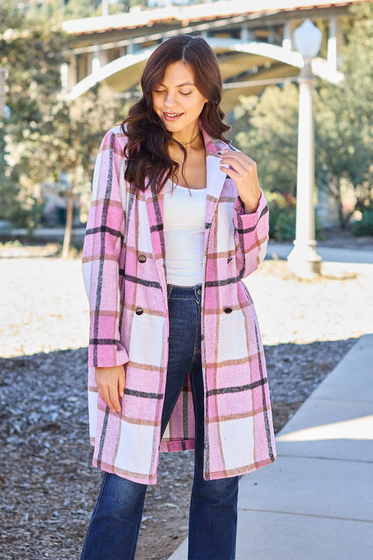 Double Take Full Size Plaid Button Up Lapel Collar Coat - 7 Semicolon Couture