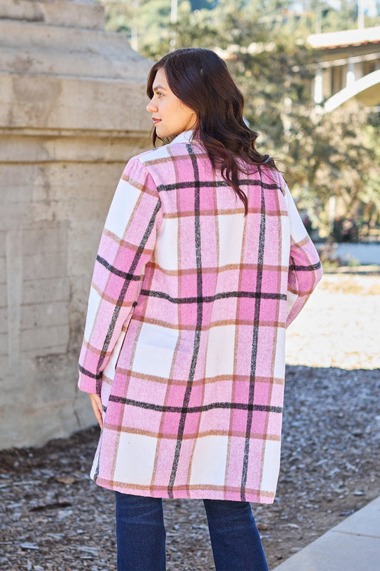 Double Take Full Size Plaid Button Up Lapel Collar Coat - 7 Semicolon Couture