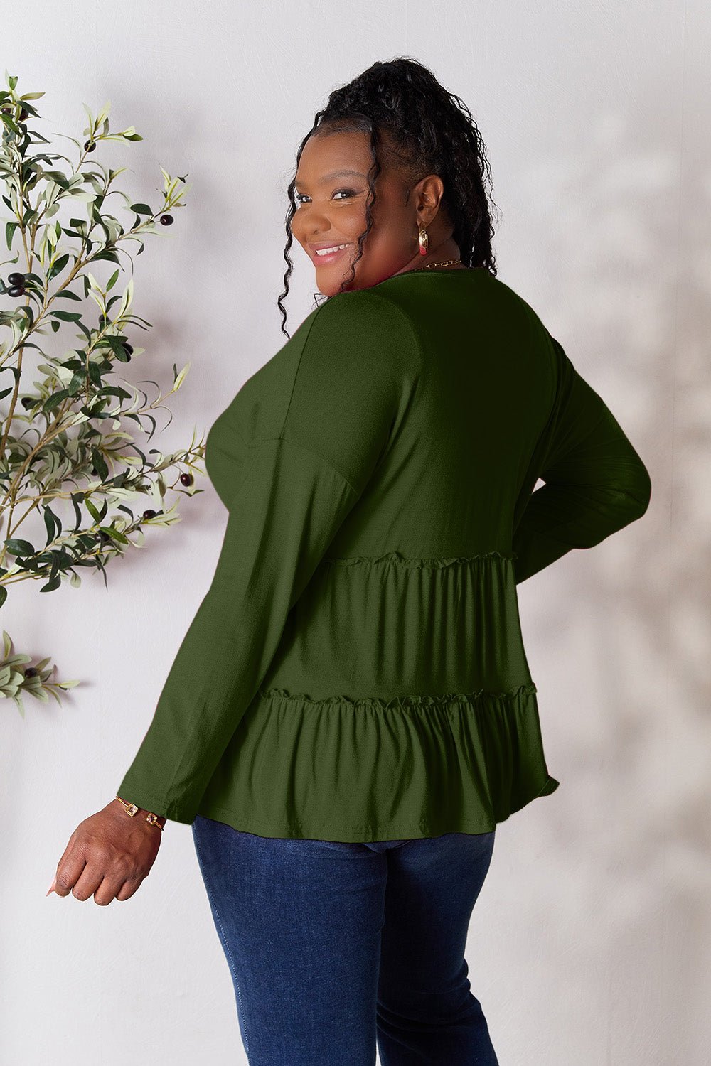 Double Take Half Button Long Sleeve Ruffle Hem Blouse - 7 Semicolon Couture