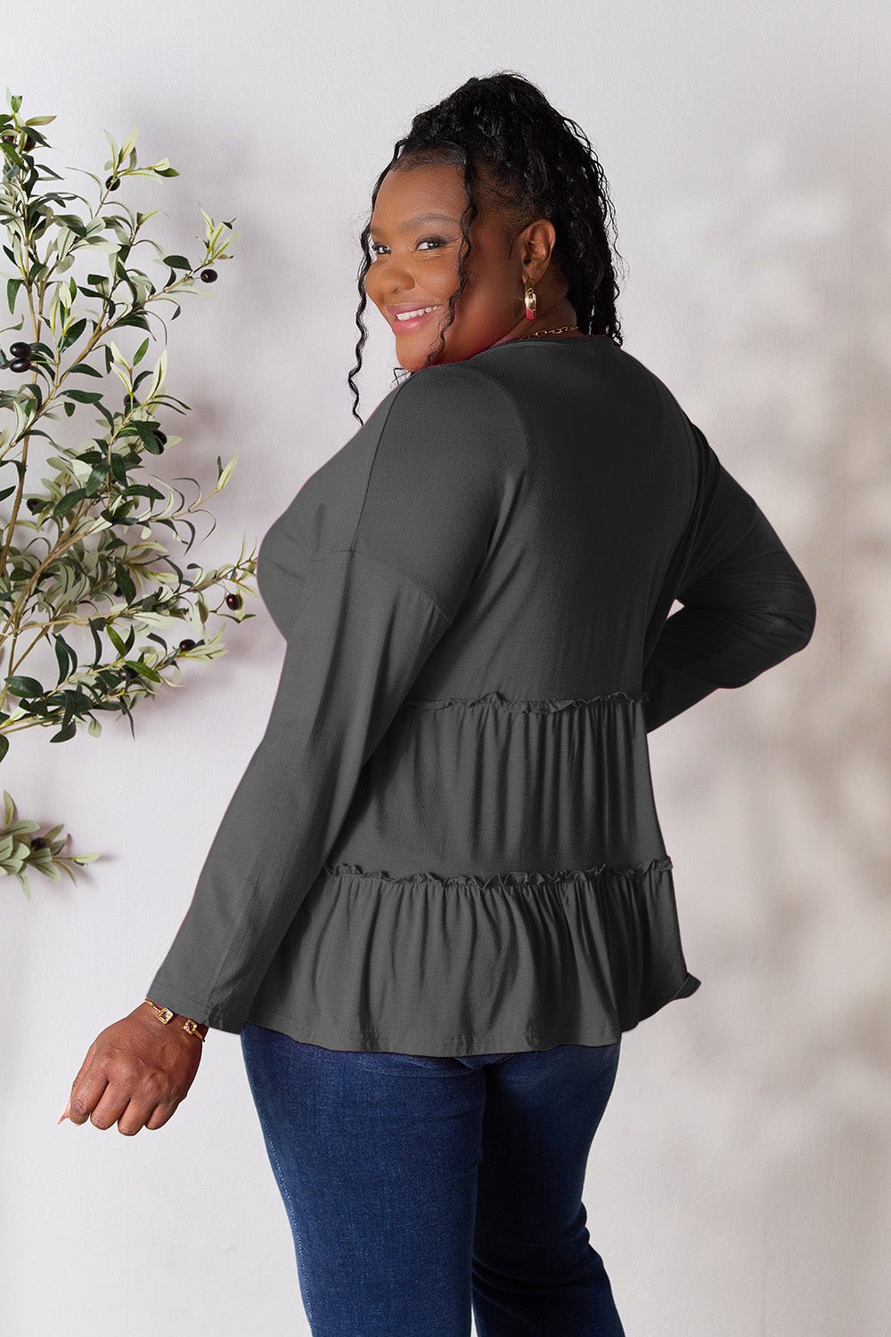 Double Take Half Button Long Sleeve Ruffle Hem Blouse - 7 Semicolon Couture