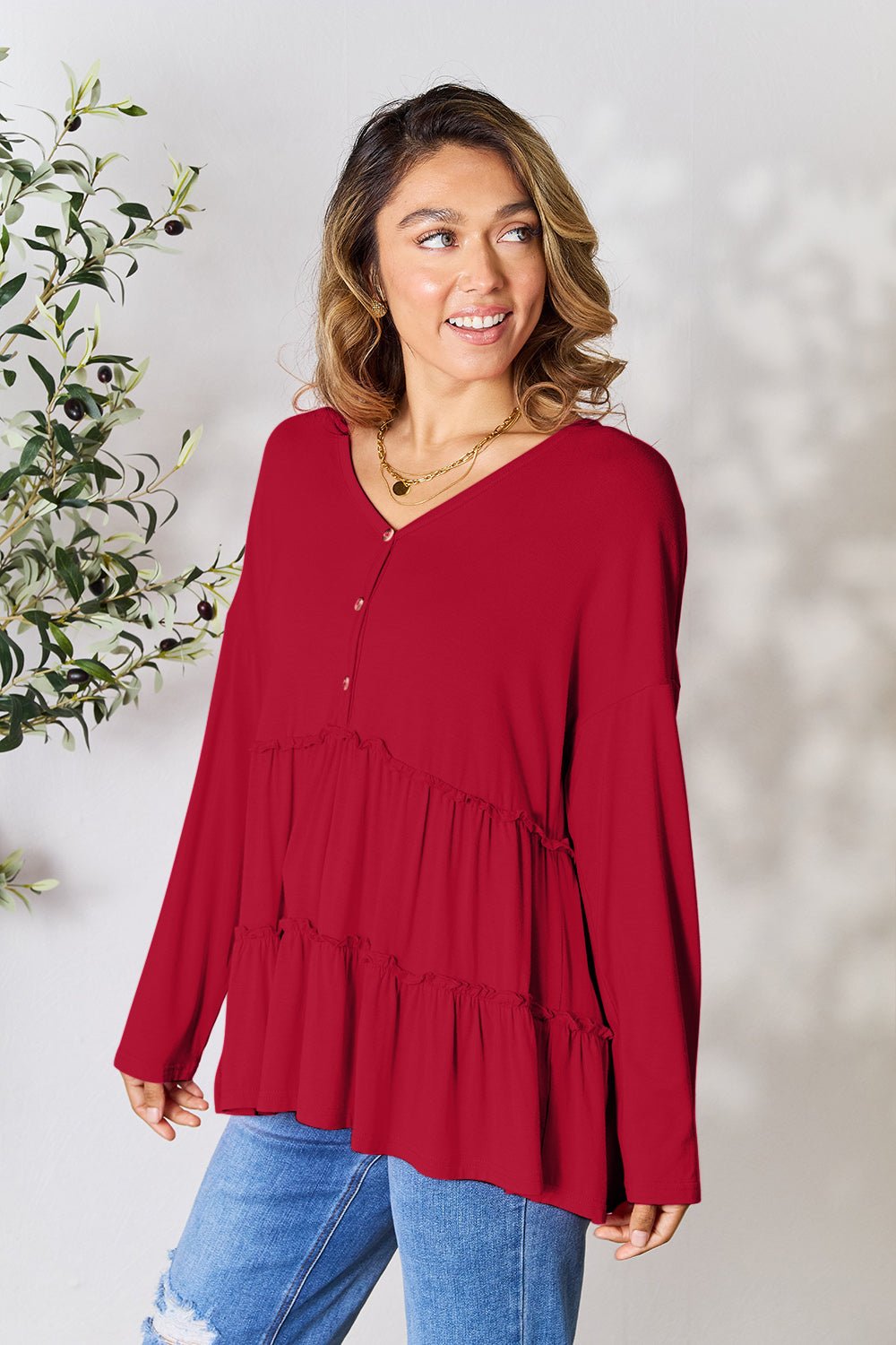 Double Take Half Button Long Sleeve Ruffle Hem Blouse - 7 Semicolon Couture