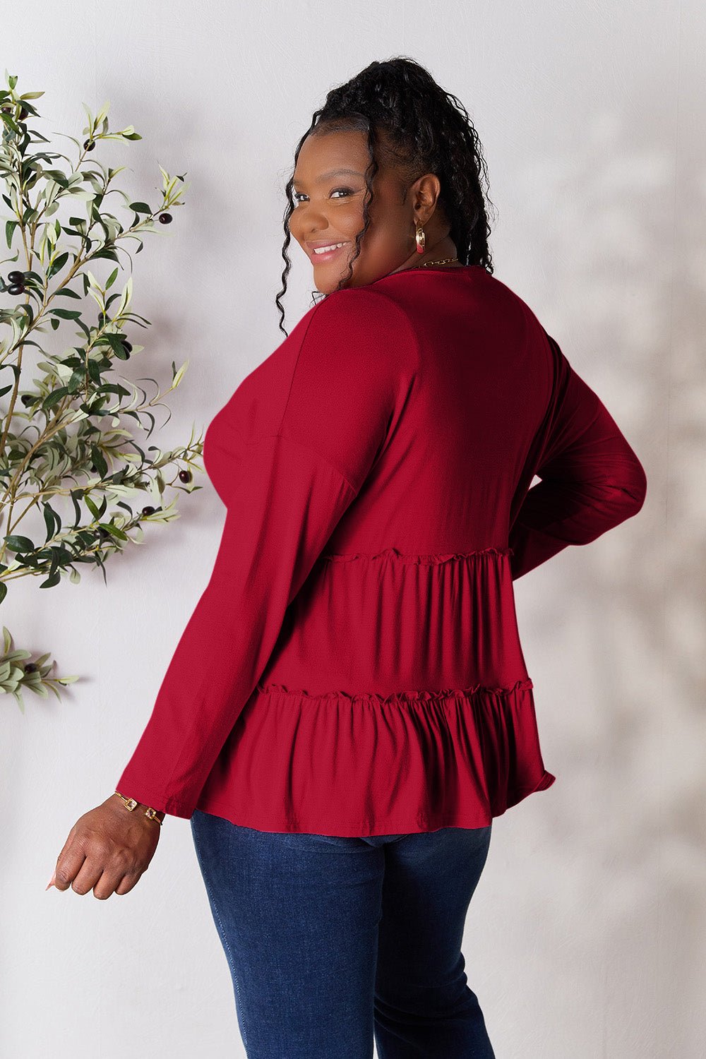 Double Take Half Button Long Sleeve Ruffle Hem Blouse - 7 Semicolon Couture