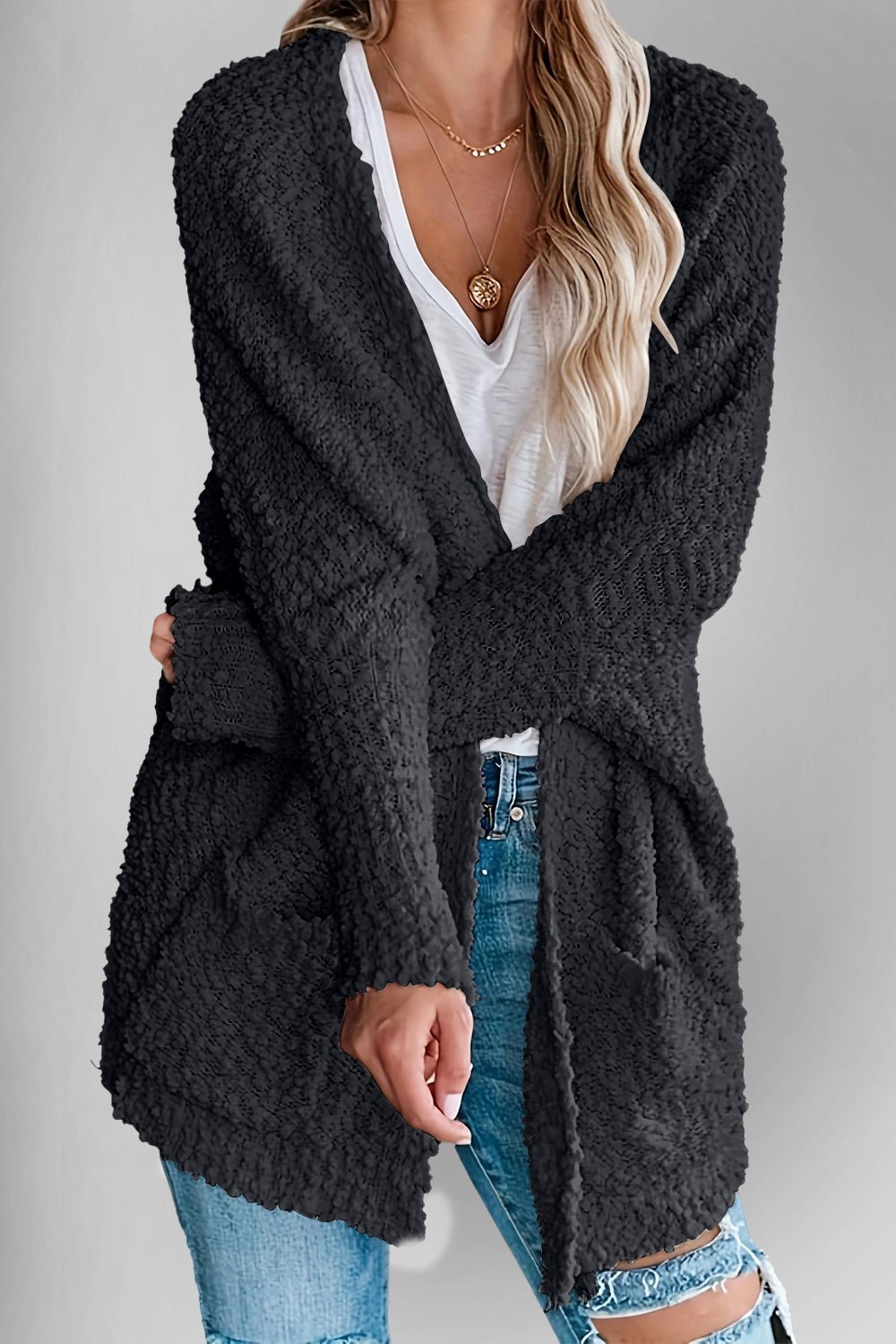 Double Take Pocketed Open Front Long Sleeve Cardigan - 7 Semicolon Couture