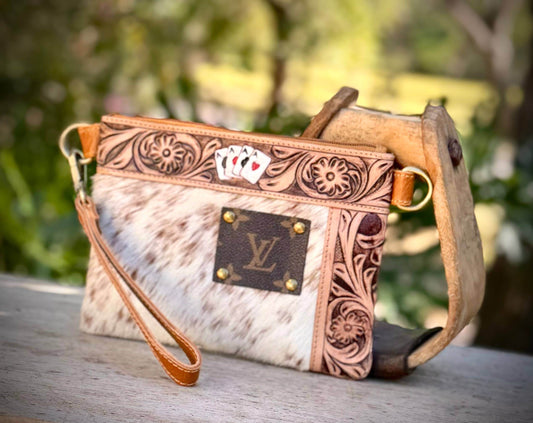 Upcycled LV Cowhide Leather Wristlet Crossbody Bag Western  - 7 Semicolon Couture