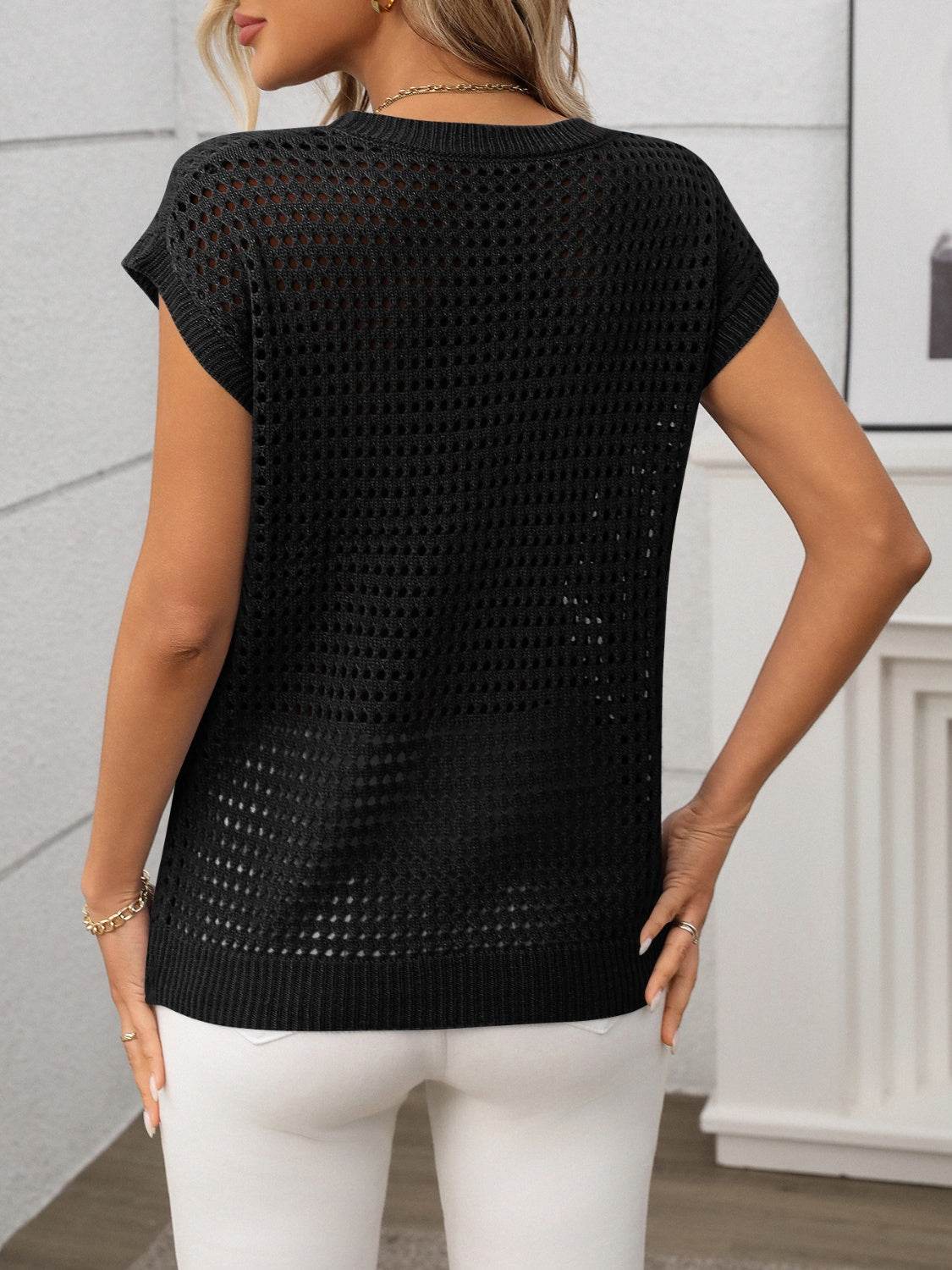 Openwork Round Neck Short Sleeve Knit Cover Up - 7 Semicolon Couture