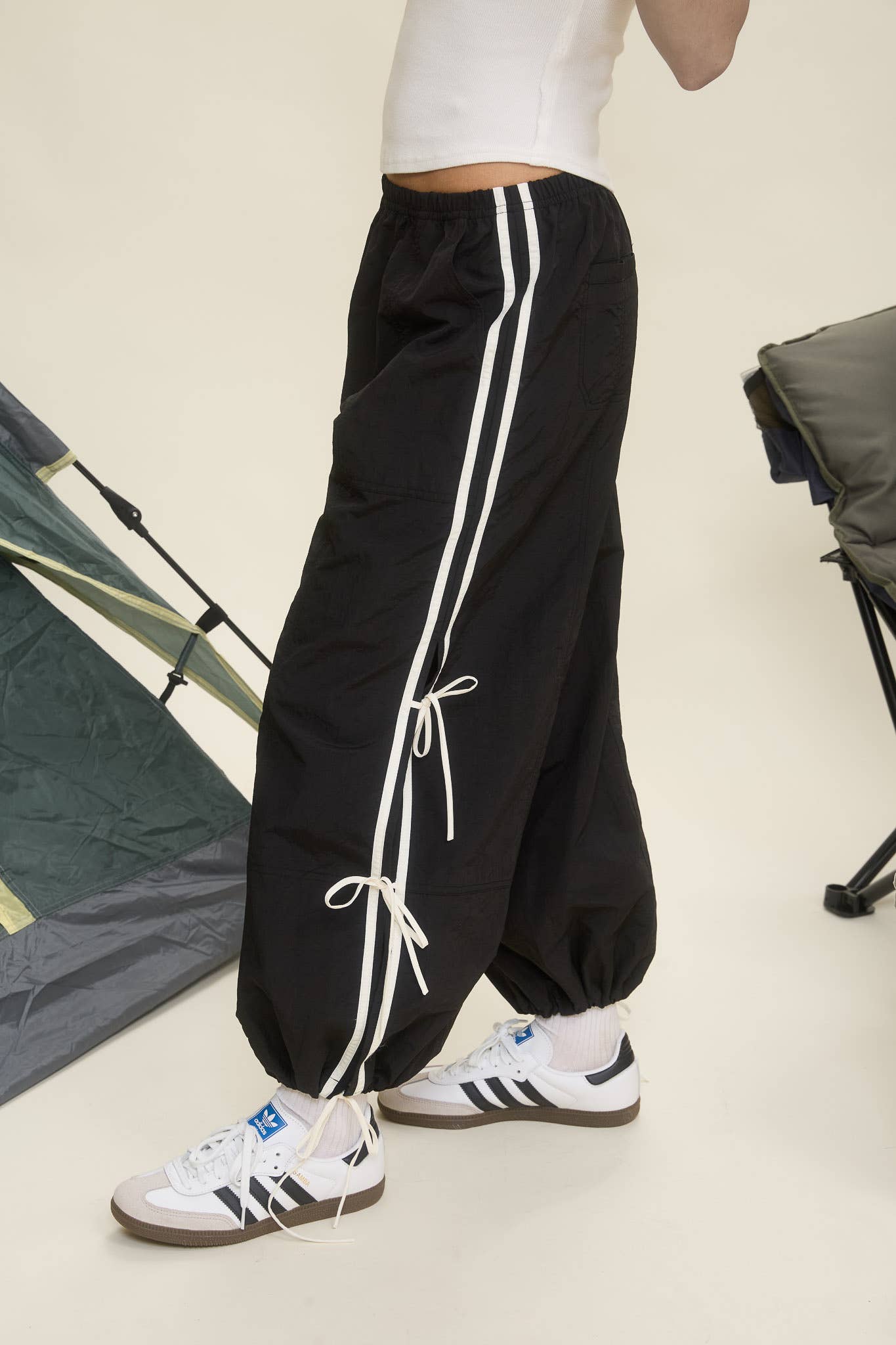 Black Side Stripe Tie Strap Track Jogger Pants