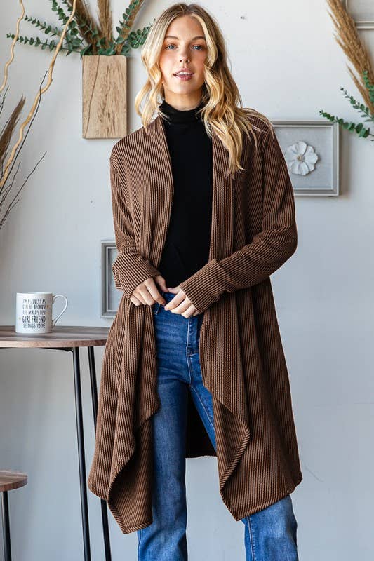 EJ6748 - 12 LONG SLEEVE SOLID URBAN RIBBED OPEN CARDIGAN - 7 Semicolon Couture